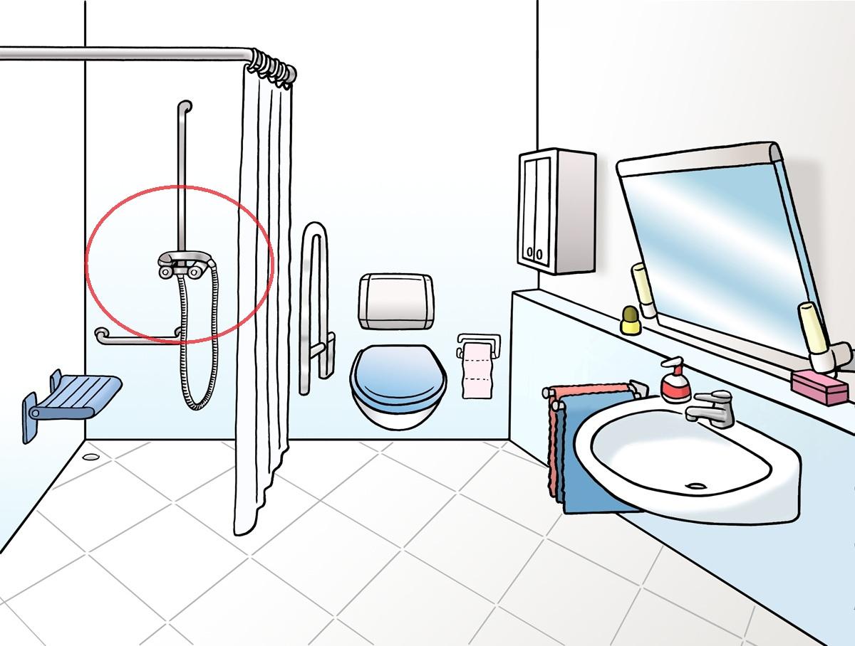 Bad mit Dusche roter Kreis um Duschkopf