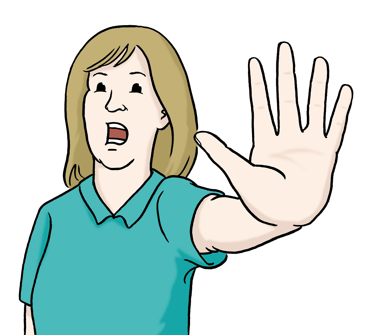 Zeichnung einer Frau, die ihre Hand mit einer Stopp-Geste nach vorne streckt.