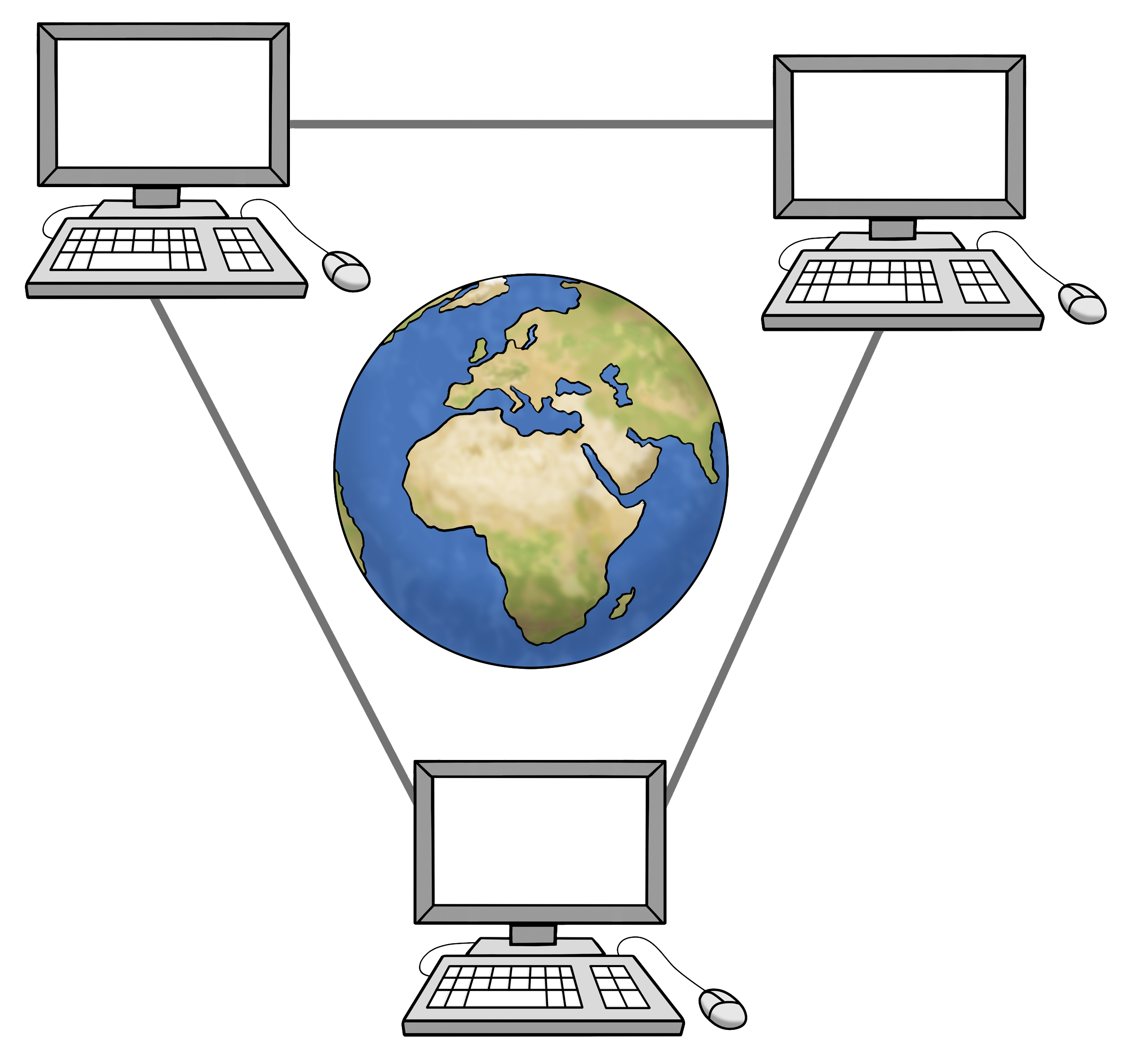 Zeichnung einer Weltkugel umrundet von Computern.