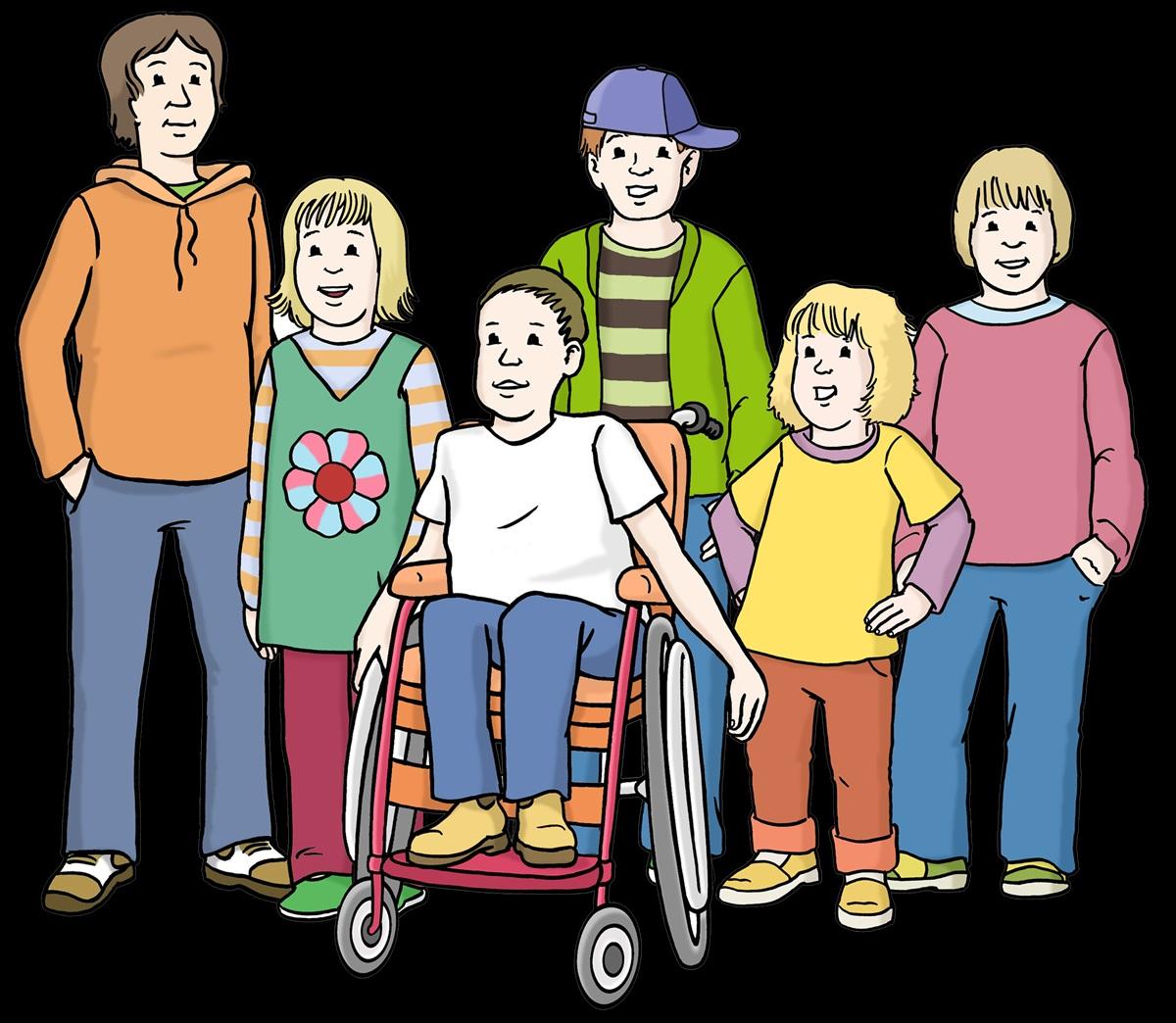 sechs Kinder mit bunter Kleidung