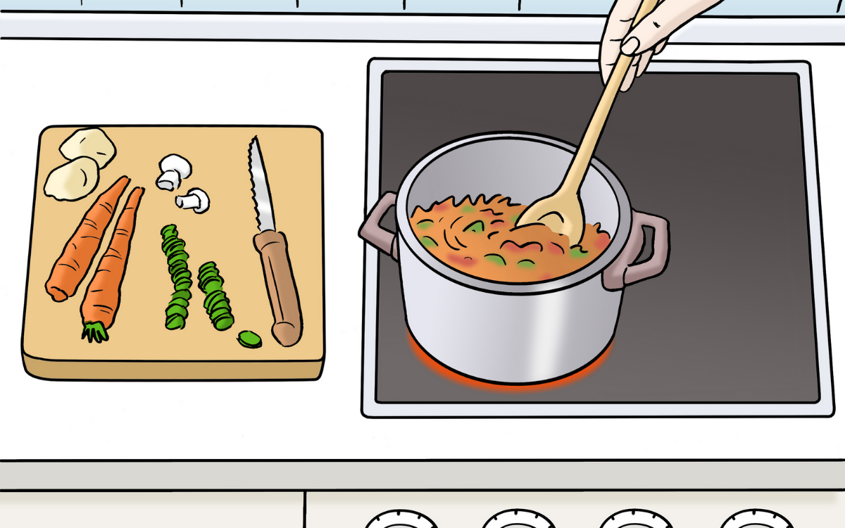 Grafik: Zeichnung eines Herdes mit einem Top mit Suppe drauf. Links daneben liegt ein Schneidebrett mit Gemüse und Messer.