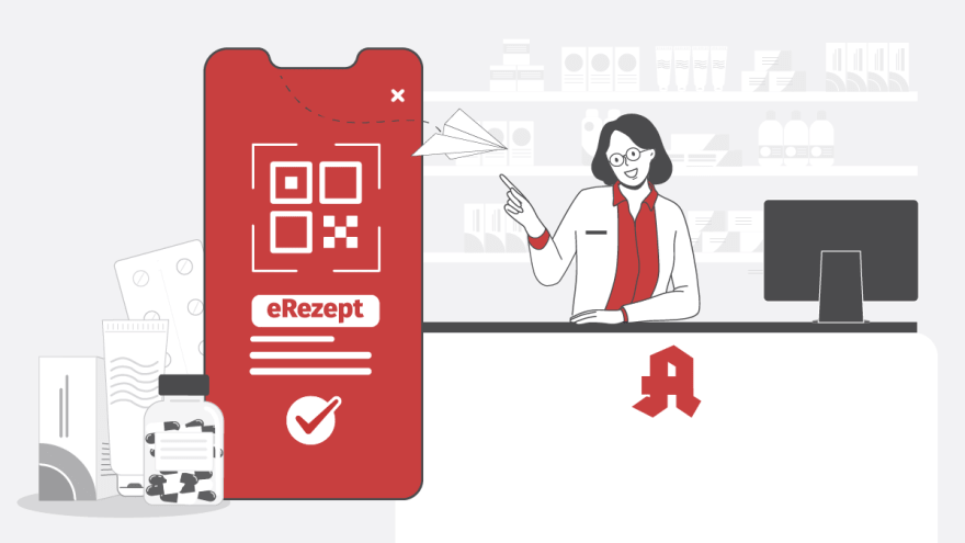Eine Apothekerin steht hinterm Empfang. Ein Smartphone zeigt die Aufschrift E-Rezept.