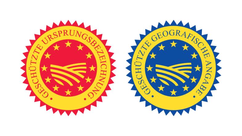 Die Logos für geschützte Ursprungsbezeichnung und geschützte geografische Angabe