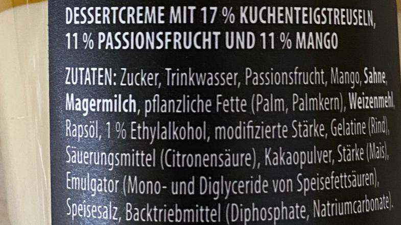 Zutatenliste eines Glases Dessertcreme