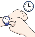 Zeichnung einer Hand mit Armbanduhr und einer Wanduhr im Hintergrund.