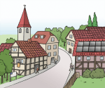 Grafik: Zeichnung einer Dorfstraße mit Kirche.