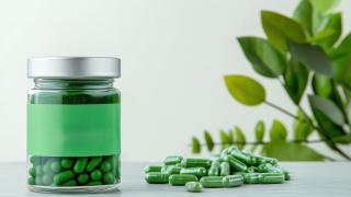 Eine Glas mit dem Bio-Nahrungsergänzungsmittel Spirulina